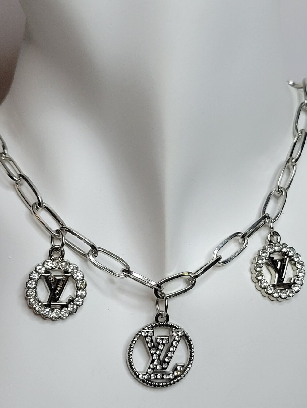 18" Silver Paperclip Chain, Charm Necklace with Crystal Logo Pendants
